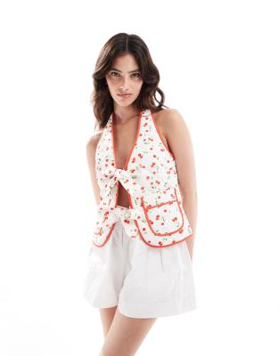 Asos Design Halter Neck Quilted Vest Top In Cherry Print-multi