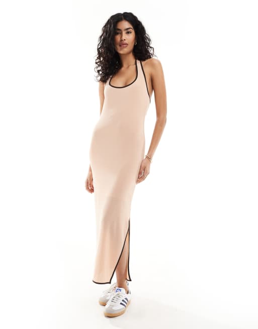 ASOS DESIGN halter neck ribbed midi dress with scarf detail and contrast binding in stone