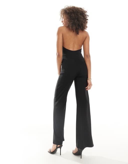 ASOS DESIGN halter neck ring detail wide leg jumpsuit in black, 4 of 4