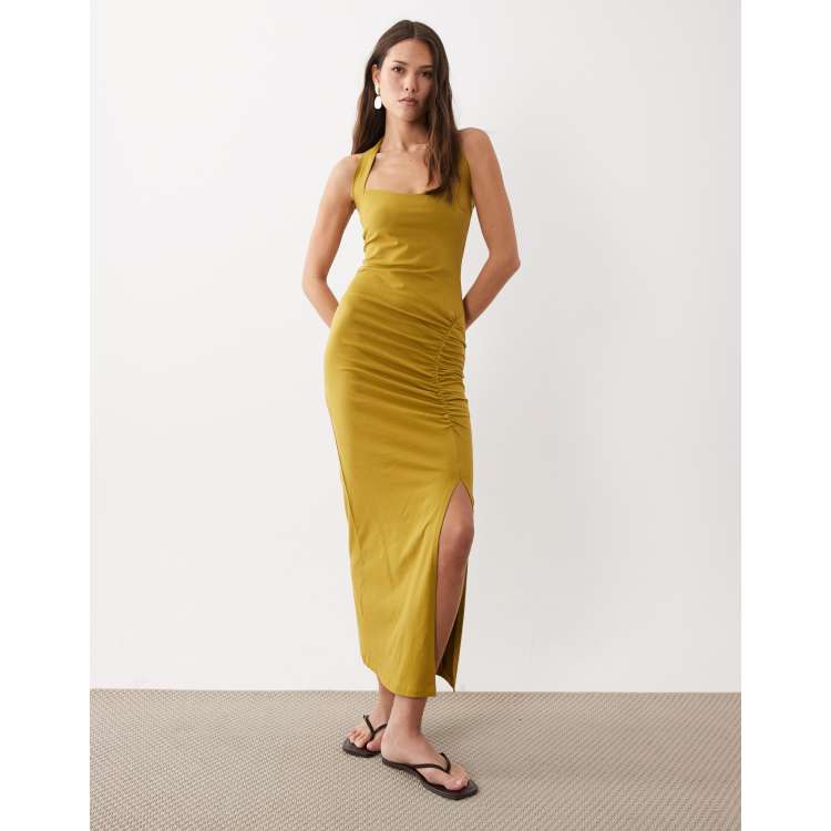 ASOS Design halter neck ruched front midi dress in olive-Green