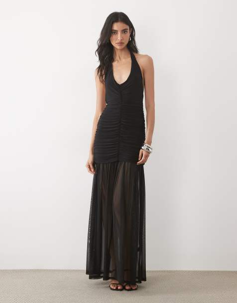 ASOS DESIGN halter neck ruched maxi dress with sheer skirt in black - view 1