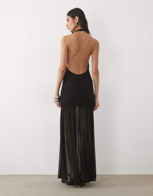 ASOS DESIGN halter neck ruched maxi dress with sheer skirt in black, 2 of 4