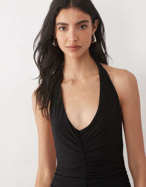 ASOS DESIGN halter neck ruched maxi dress with sheer skirt in black, 3 of 4