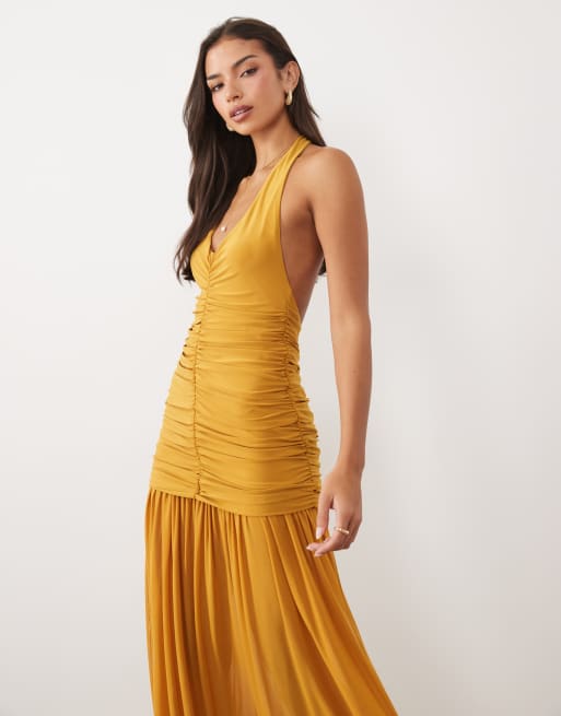 ASOS DESIGN halter neck ruched maxi dress with sheer skirt in mustard, 2 of 4