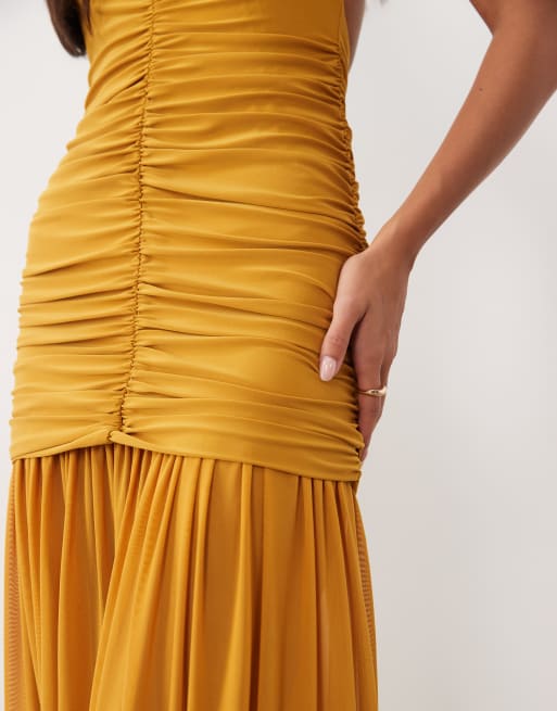ASOS DESIGN halter neck ruched maxi dress with sheer skirt in mustard, 3 of 4