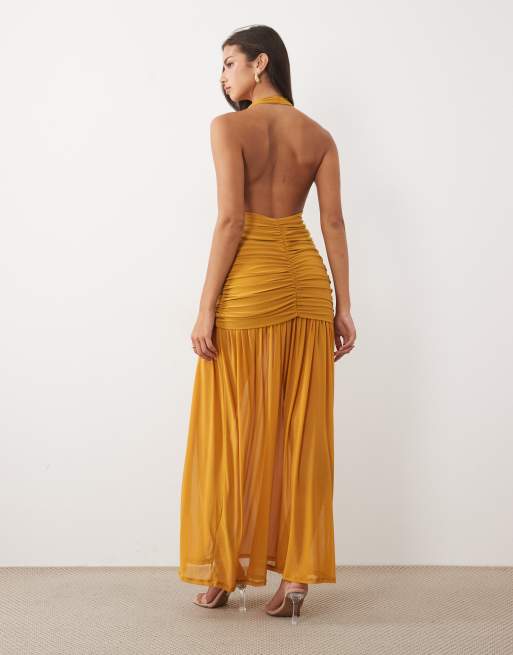 ASOS DESIGN halter neck ruched maxi dress with sheer skirt in mustard, 4 of 4