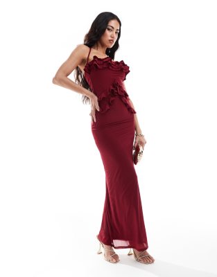 ASOS DESIGN halter neck ruffle detail maxi dress in burgundy-Red | Smart  Closet
