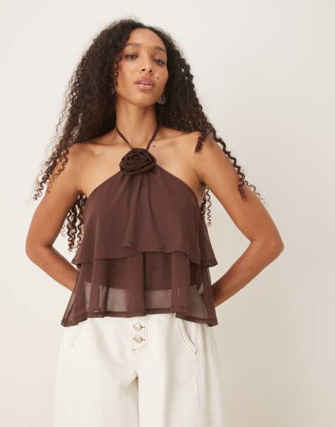 ASOS DESIGN halter neck ruffle top with corsage in dark brown - view 1