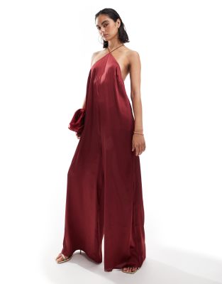 Asos Design Halter Neck Satin Jumpsuit In Burgundy-red