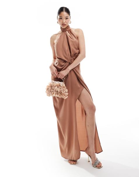 ASOS DESIGN halter neck satin maxi dress with twist front in mocha - view 1