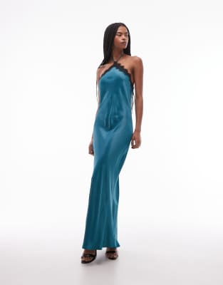Asos Design Halter Neck Satin Slip Maxi Dress With Lace Trim In Blue