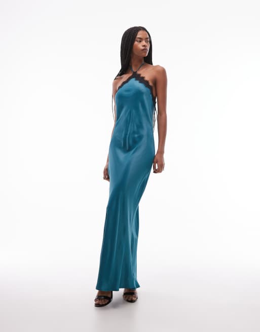 ASOS DESIGN halter neck satin slip maxi dress with lace trim in deep navy