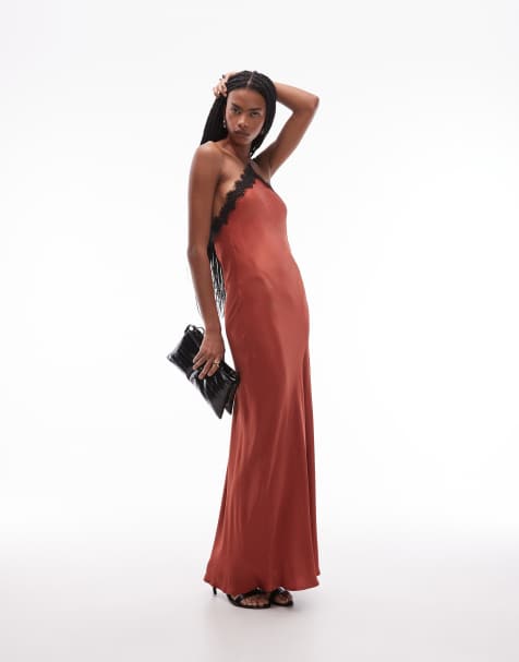 ASOS DESIGN halter neck satin slip maxi dress with lace trim in rust in rust - view 1