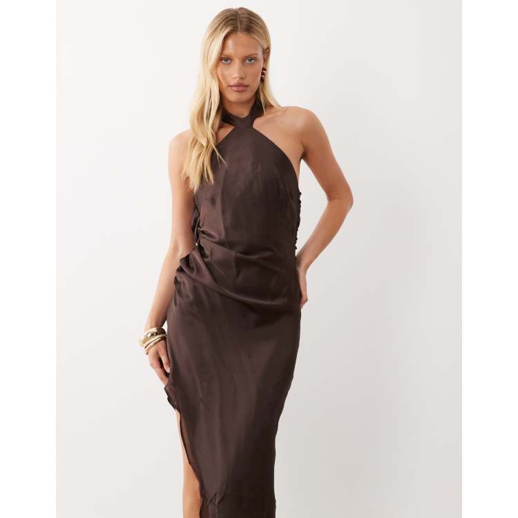 ASOS DESIGN halter neck scarf detail asymmetric satin midaxi dress
