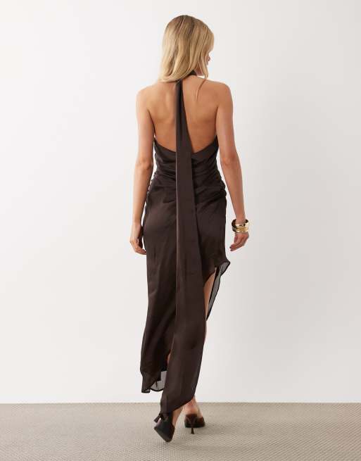 ASOS DESIGN halter neck scarf detail asymmetric satin midaxi dress in dark chocolate