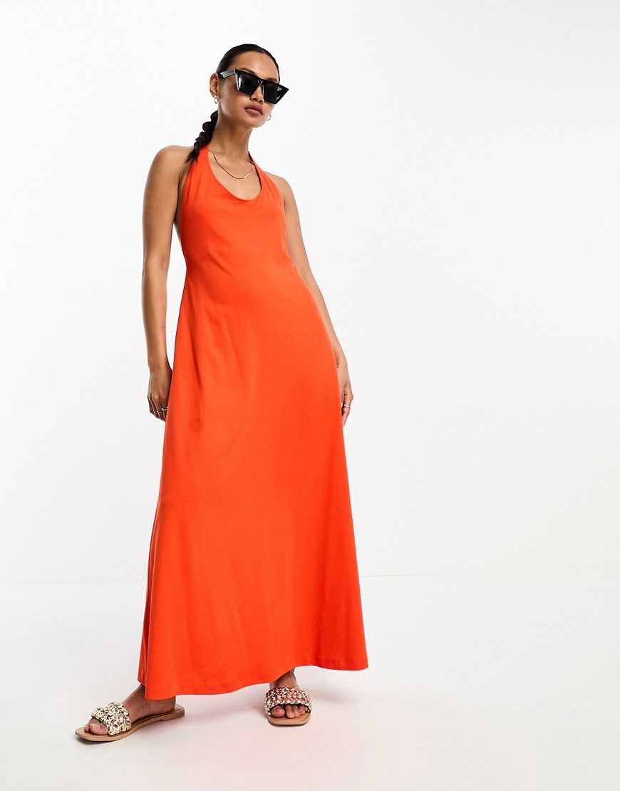 Asos Design Halter Neck Scoop Plunge Modal Maxi Dress In Tomato Red