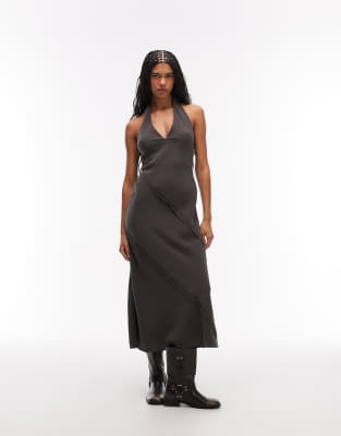 Asos Design Halter Neck Seamed Detailing Maxi Dress In Gray