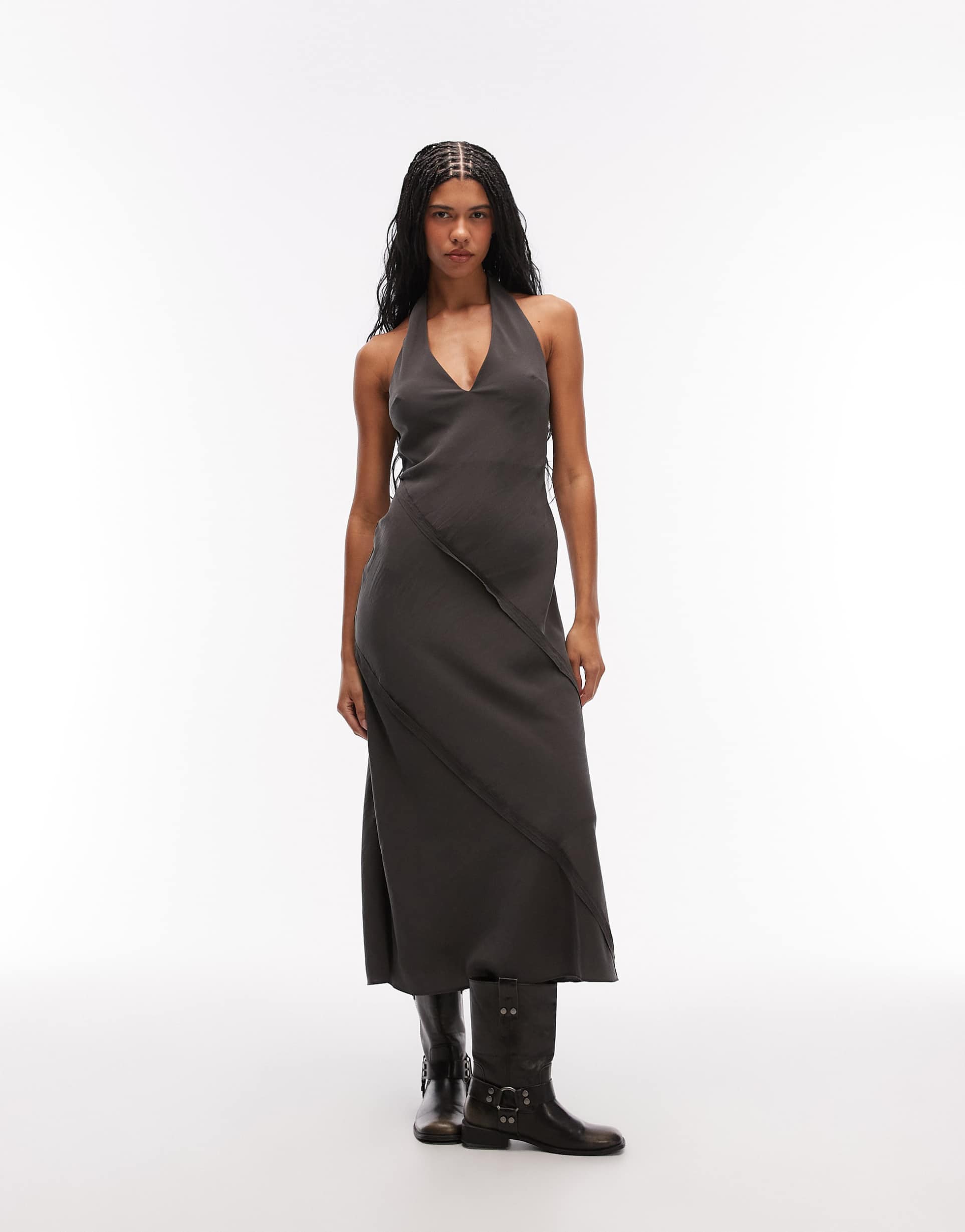 asos design halter neck seamed detailing maxi dress in charcoal