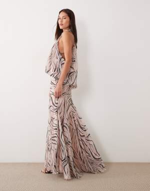 ASOS DESIGN halter neck slouchy dropped waist godet maxi dress in abstract zebra