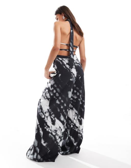 ASOS DESIGN halter neck tie detail wide leg jumpsuit in abstract print, 2 of 4