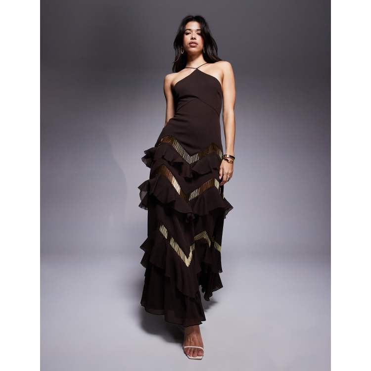 ASOS DESIGN halter neck tiered embellished ruffle maxi dress in chocolate |  ASOS