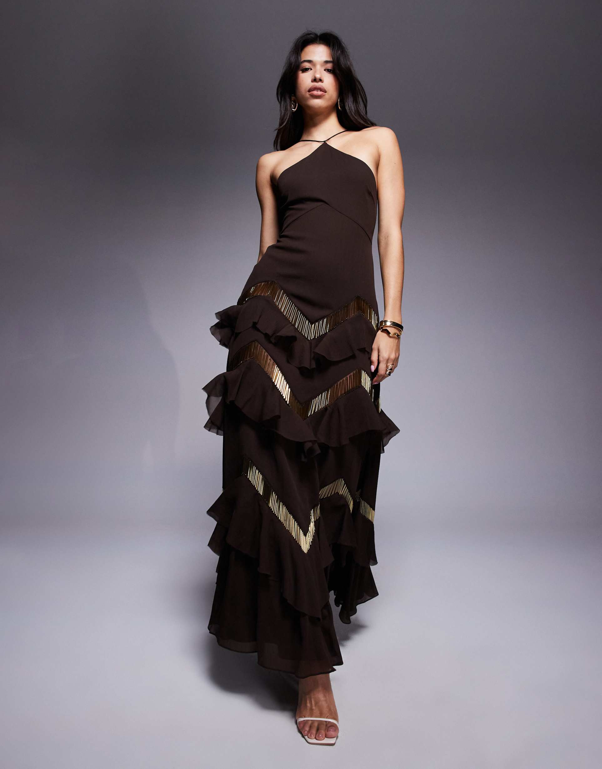 asos design halter neck tiered embellished ruffle maxi dress in chocolate