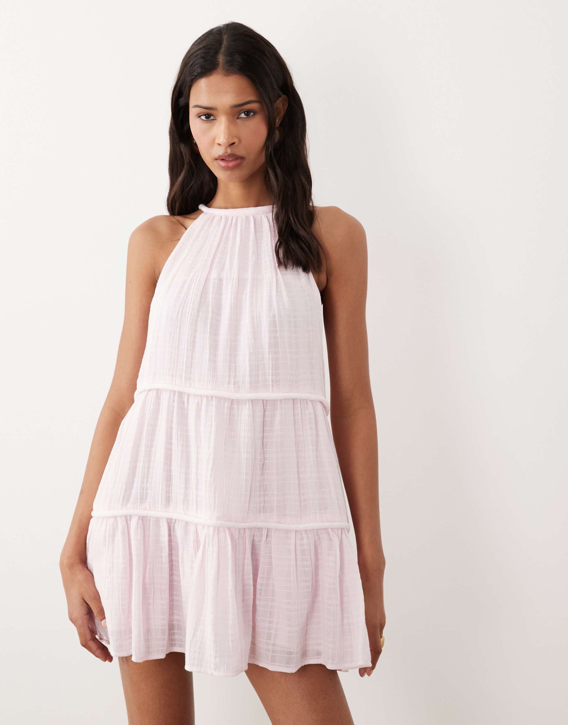 asos design halter neck tiered mini sundress with chunky binding in sugary pink