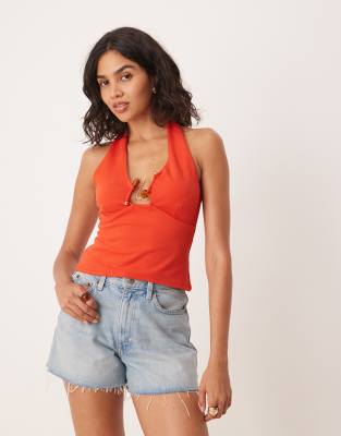 ASOS DESIGN halter neck top with beaded trim detail in burnt orange - view 1
