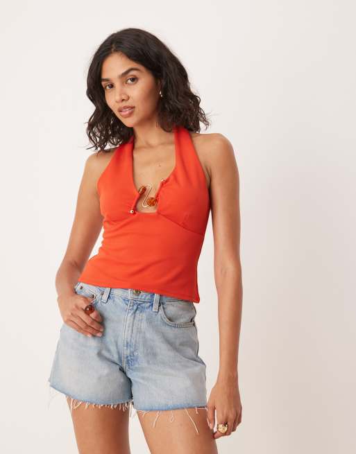 ASOS DESIGN halter neck top with trim detail in burnt orange