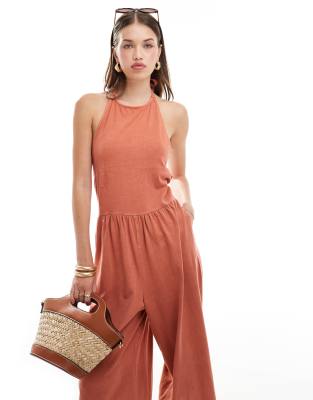 Asos Design Halter Neck Trapeze Jumpsuit In Orange-no Color In Brown