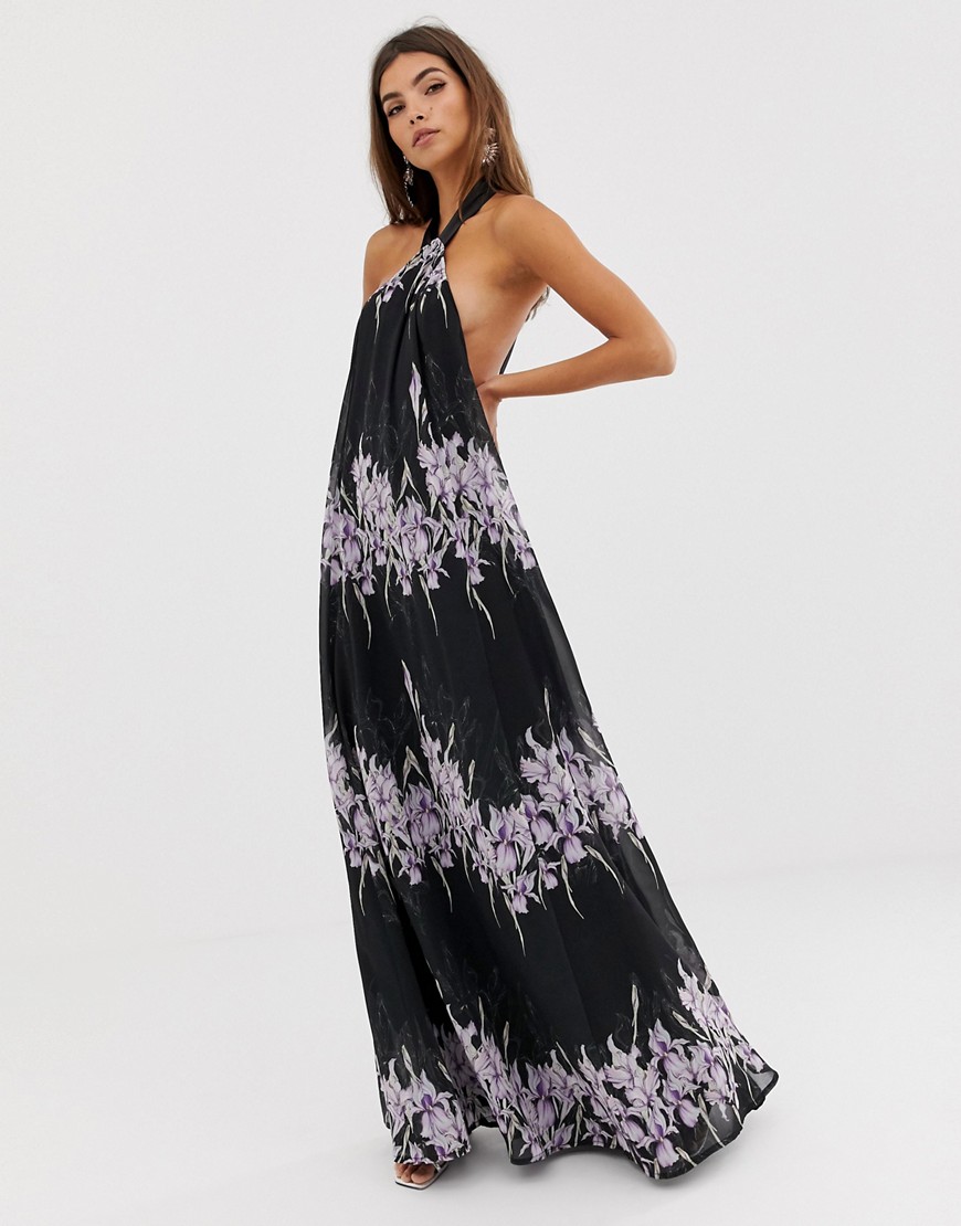 ASOS DESIGN halter neck trapeze maxi dress in placed linear floral-Multi