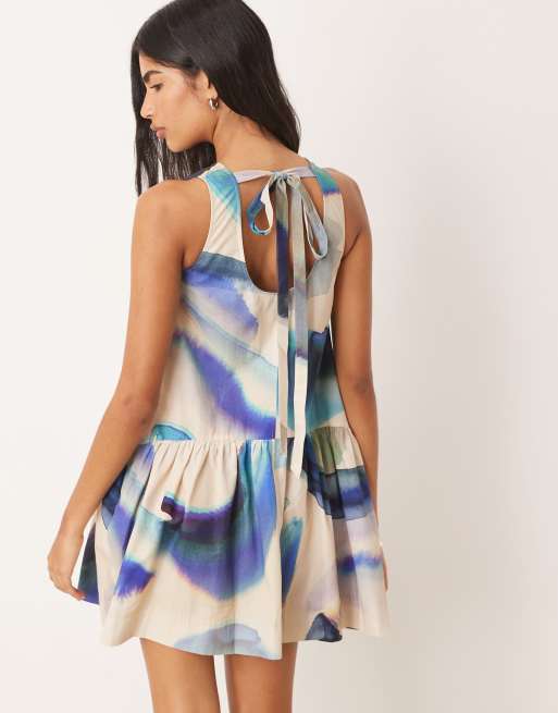 ASOS DESIGN halter neck voile drop waist mini dress in blue abstract print, 4 of 4