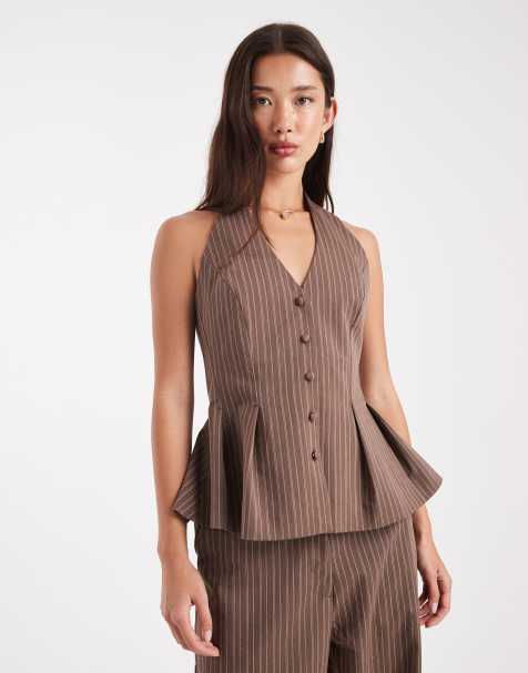 ASOS DESIGN halter neck waistcoat co-ord in coffee stripe - view 1
