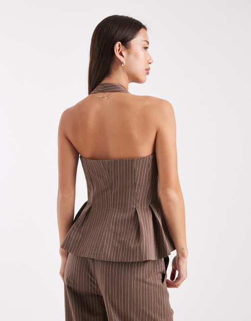 ASOS DESIGN halter neck waistcoat in coffee stripe (part of a set), 2 of 4
