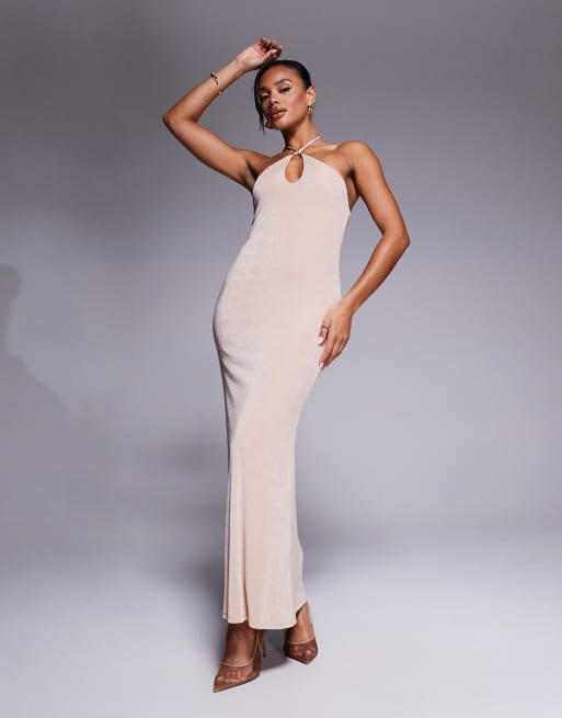 ASOS Design Halter Neck with Bead Details Maxi Dress in champagne-Neutral