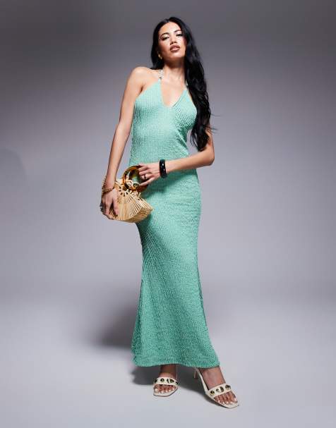 ASOS DESIGN halter neck with bead details textured maxi dress in green - view 1
