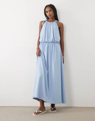 Asos Design Halter Neck With Blouson Maxi Dress In Blue
