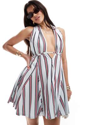 Asos Design Halter Neck With Channel Waist Mini Dress In Print-multi In White