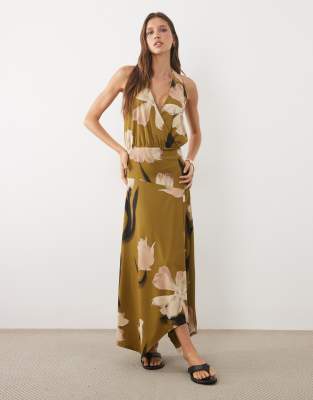 Asos Design Halter Neck With Full Skirt Midi Dress In Multi