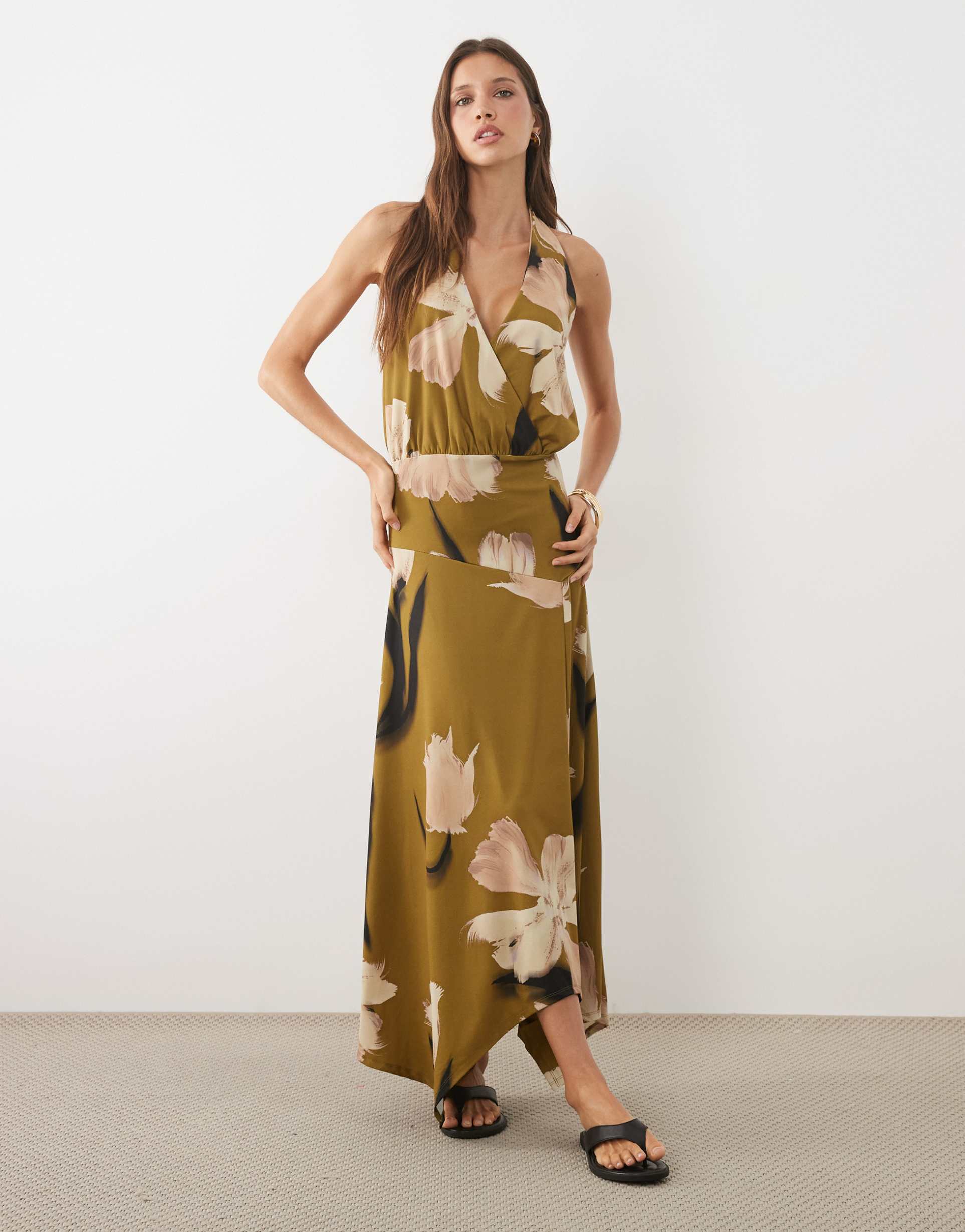 asos design halter neck with full skirt midi dress in floral print