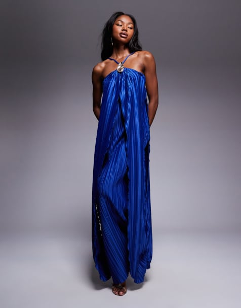 ASOS DESIGN halter neck with gold trim detail plisse maxi dress in blue - view 1