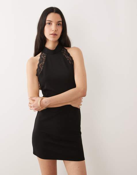ASOS DESIGN halter neck with lace trim mini dress in black - view 1