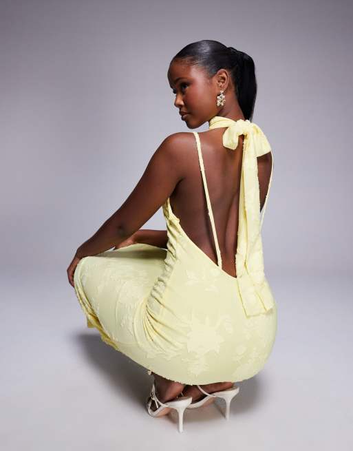 ASOS DESIGN halter neck with open back with drape detail devore maxi dress in yellow, 2 of 4