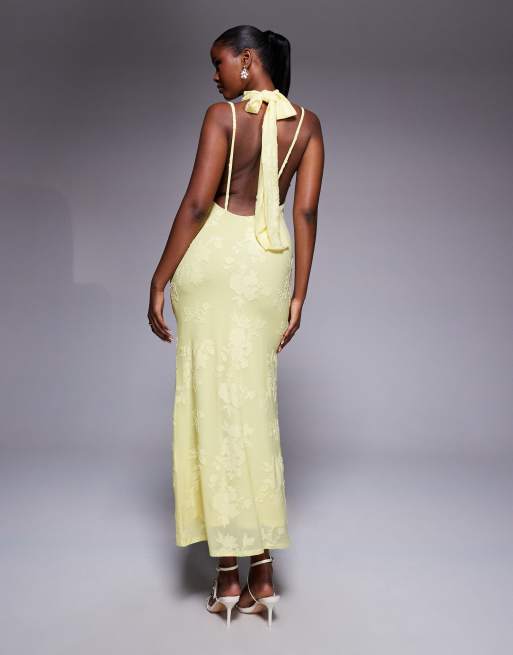 ASOS DESIGN halter neck with open back with drape detail devore maxi dress in yellow, 3 of 4