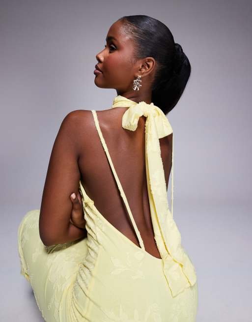 ASOS DESIGN halter neck with open back with drape detail devore maxi dress in yellow, 4 of 4