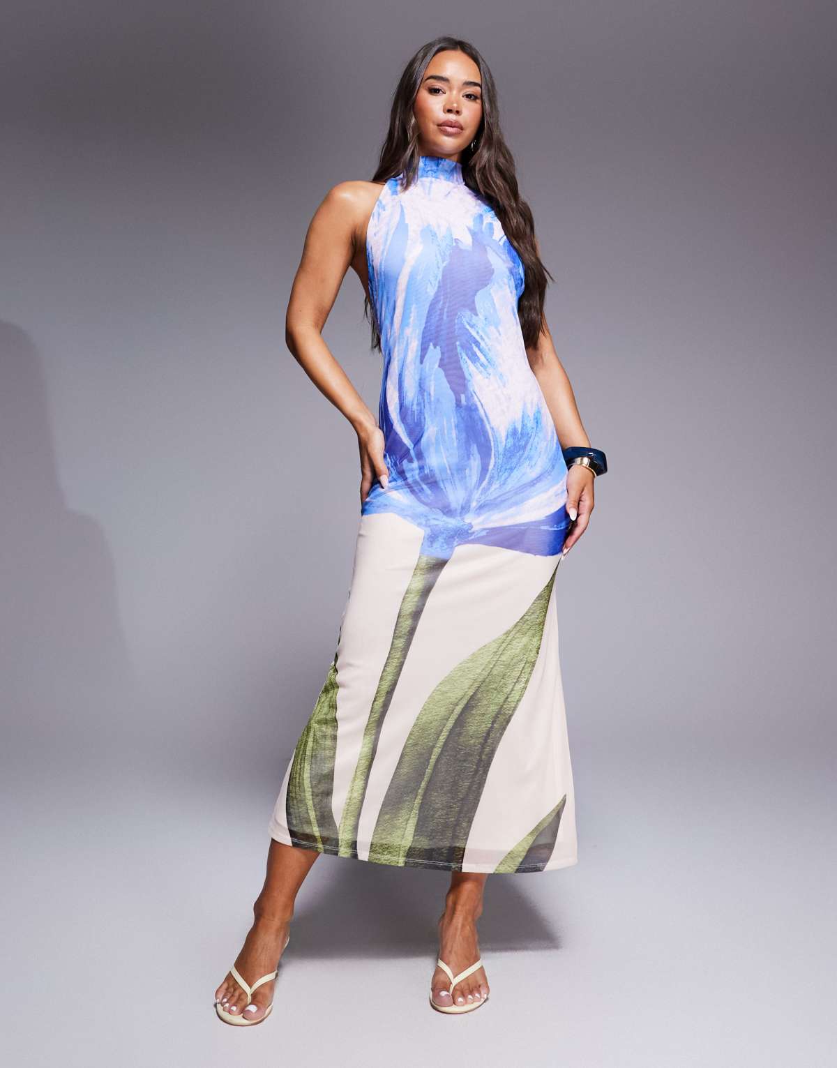 ASOS DESIGN halter neck with open back with drape detail maxi dress in blue floral print