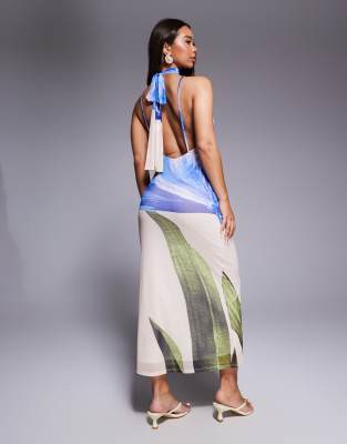 Asos Design Halter Neck With Open Back With Drape Detail Maxi Dress In Blue