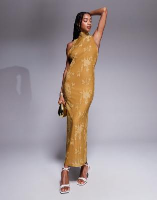 Asos Design Halter Neck With Open Back With Drape Detail Maxi Dress In Orange