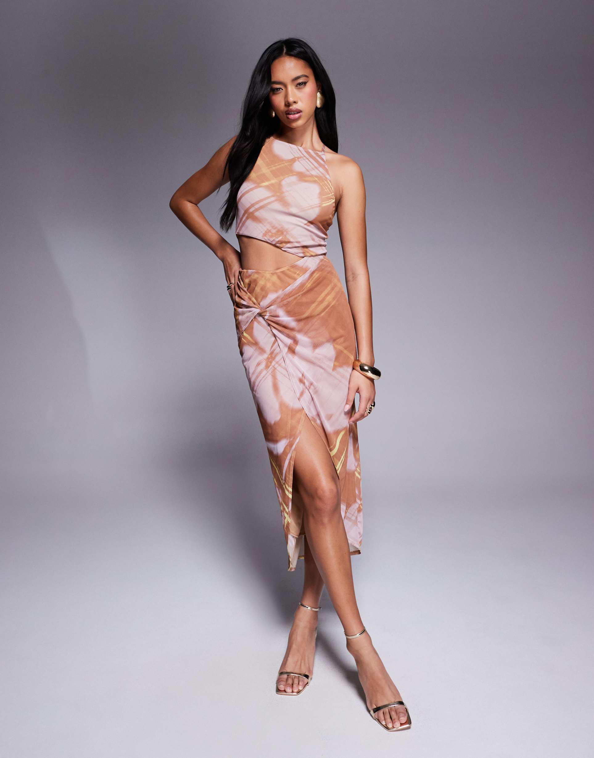 asos design halter neck with wrap skirt midi dress in print