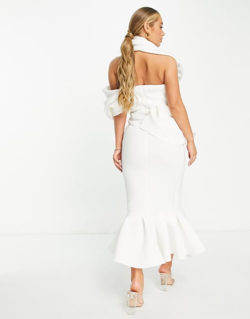 ASOS DESIGN halter off the shoulder pep hem wrap maxi dress in ivory, 2 of 4